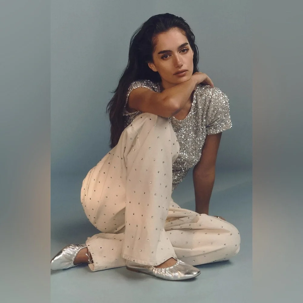NWT Anthropologie Pilcro Sparkle Relaxed Wide Leg Cuff Jeans Ivory 30